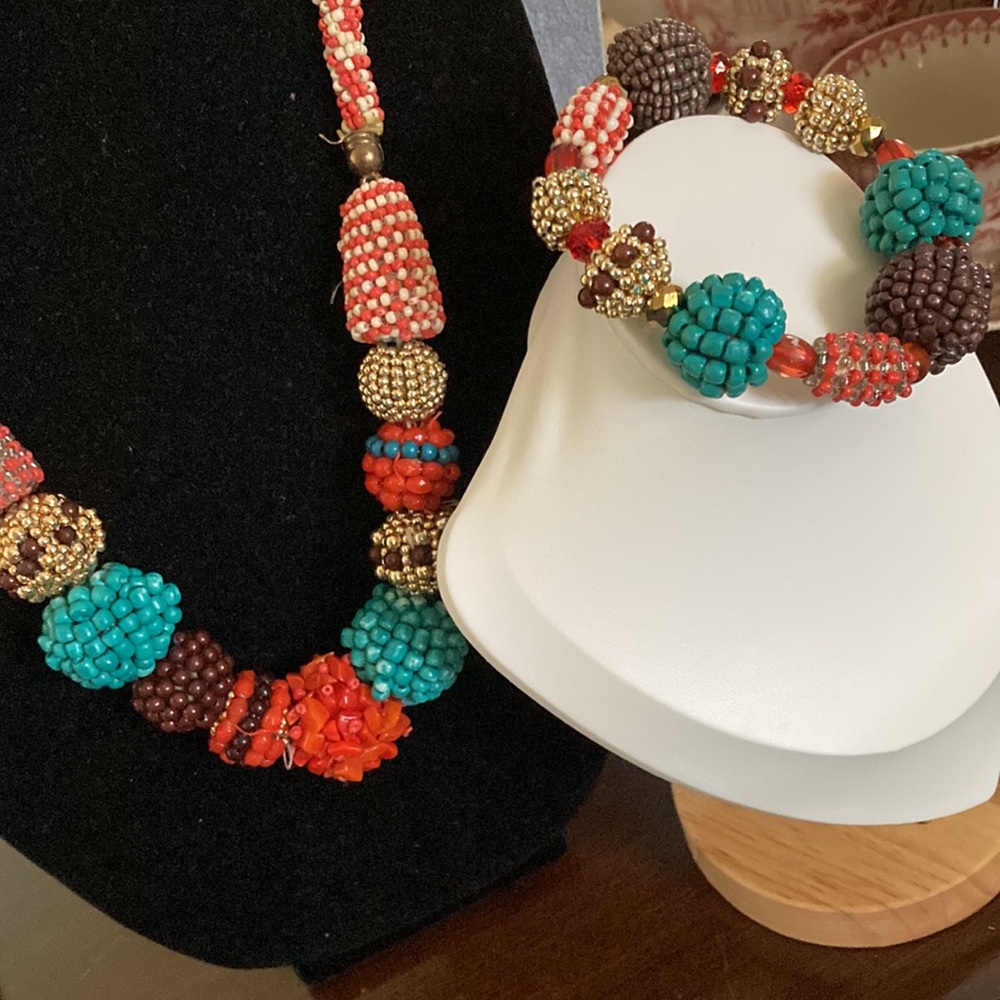 Beaded Statement Necklace in Turquoise & Coral, matching necklace